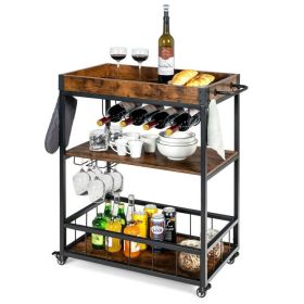 Industrial Metal Wood Rolling Kitchen Wine Rack Bar Serving Cart