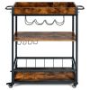 Industrial Metal Wood Rolling Kitchen Wine Rack Bar Serving Cart