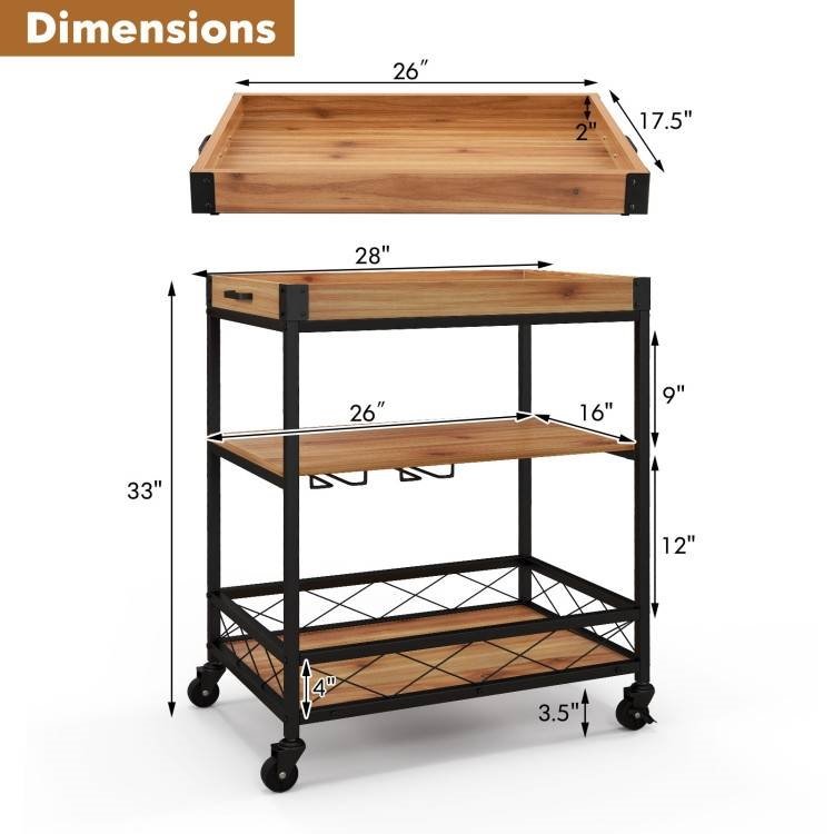 Modern Metal Wood Serving Bar Cart with Removable Top Tray