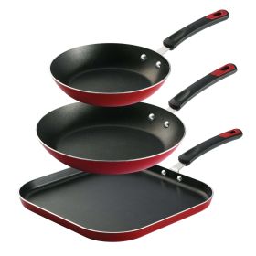 3 Pieces Aluminum Non-stick Fry Pan and Griddle Set Metallic Red