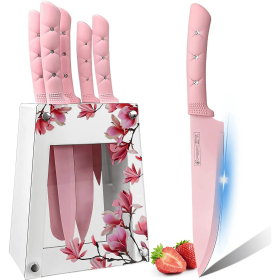 Pink Flower 6PC Stainless Steel Sharp Chef Knife Set with Acrylic Stand