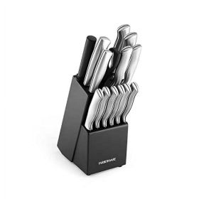 High-Carbon Stamped Stainless Steel Kitchen Knife Set with Wood Block, Black