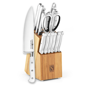 Cook N Home Kitchen Knife Set with Bamboo Storage Block 15-Piece, White