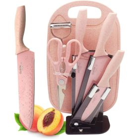 Pink 7PC Wheat Straw Sharp Chef Knife Set with Cutting Board and Acrylic Stand