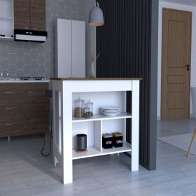 Kitchen Island, Three Shelves, White / Walnut Finish