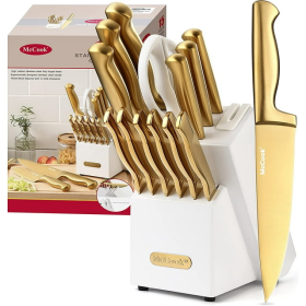 15 Pieces Golden Titanium Kitchen Knife Block Sets with Built-in Sharpener