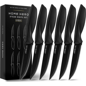 Home Hero - Serrated Kitchen Steak Knives Set - Dishwasher Safe - 6 Pcs, Black