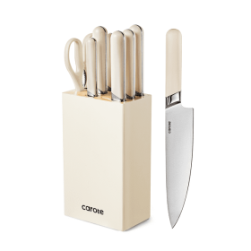 CAROTE 8PCS Stainless Steel Razor-Sharp Blade, Essential Knife Set with Block