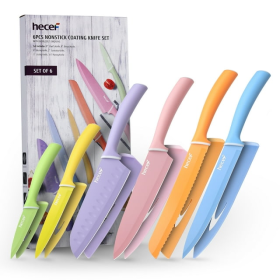 Hecef 6 Piece, Colorful Coated Stainless-Steel Knives with Blade Guards