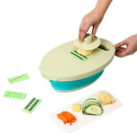 Retractable Colander with Cutter Slicer Chopper Vegetables Fruits Kitchen Tool (Color: Green)