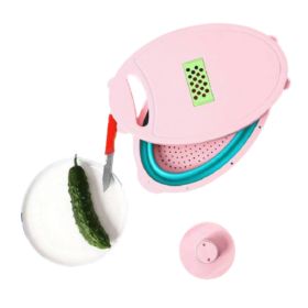 Retractable Colander with Cutter Slicer Chopper Vegetables Fruits Kitchen Tool (Color: Pink)