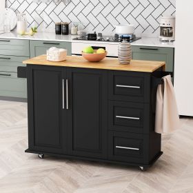 Kitchen Island Cart with 2 Door Cabinet and Three Drawers with spice rack (Color: Black)