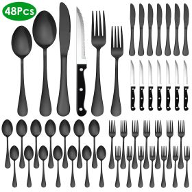 48-Piece Silverware Set Stainless Steel Flatware (Color: Black)