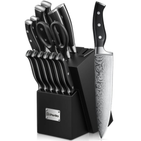 German Stainless Steel Kitchen Knives Block Set with Built-in Sharpener, Black (Brand: D.Perlla)